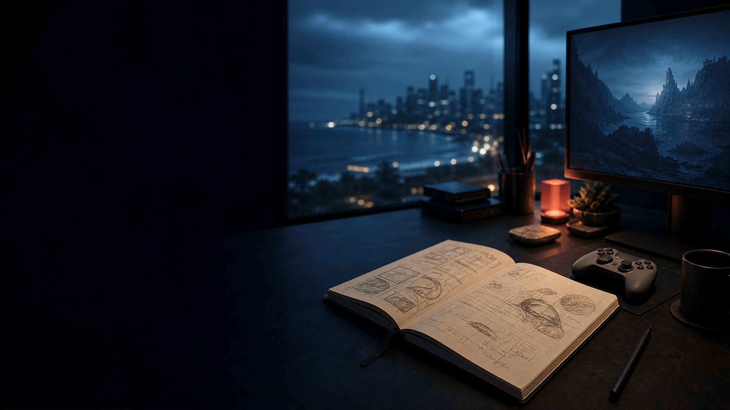 Game development workspace at night